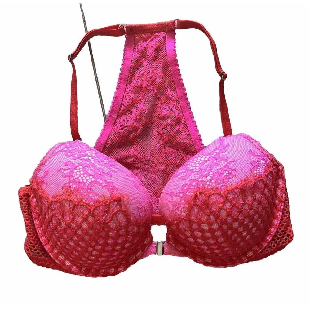Victorias Secret Very Sexy Pushup Bra Front Closure Pink Red Lace Racer 34C